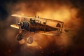 Gold Steampunk Aeroplane On Smoke Steam Sparks Background. Generative AI