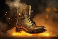 Gold Steampunk Boot On Smoke Steam Sparks Background. Generative AI