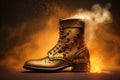 Gold Steampunk Boot On Smoke Steam Sparks Background. Generative AI