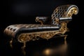 Gold Steampunk Chaise Lounge On Black Smoky Background. Generative AI