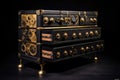 Gold Steampunk Chest Of Drawers On Black Smoky Background. Generative AI Royalty Free Stock Photo