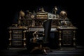Gold Steampunk Desk On Black Smoky Background. Generative AI