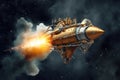 Gold Steampunk Rocket On Smoke Steam Sparks Background. Generative AI