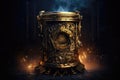 Gold Steampunk Trash Can On Black Smoky Background. Generative AI Royalty Free Stock Photo