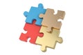 Gold and steel puzzle pieces on white background.3D illustration