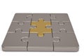 Gold and steel puzzle pieces on white background.3D illustration