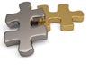Gold and steel puzzle pieces on white background.3D illustration