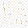 Gold streamers set. Golden curly confetti ribbon. Festive holiday decoration. Vector.