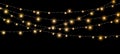 Gold string Christmas lights in black background for decoration and Abstract Holiday Background