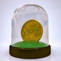 Gold stylized coin with the inscription nft in a case under a glass cover. crypto art concept. 3d render illustration