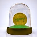 Gold stylized coin with the inscription nft in a case under a glass cover. crypto art concept. 3d render illustration