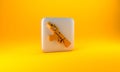 Gold Submachine gun icon isolated on yellow background. Kalashnikov or AK47. Silver square button. 3D render