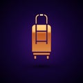 Gold Suitcase for travel icon isolated on black background. Traveling baggage sign. Travel luggage icon. Vector