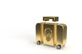 Gold suitcase on wheels with bulb idea in the form of a car on isolated background