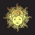 Gold sun with face of cute curly smiling baby boy isolated. Hand drawn sticker, fabric print or boho flash tattoo design vector