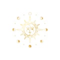 Gold sun and Moon phases. Sunny design for tarot, astrology, esoteric. Golden icon vector illustration. Royalty Free Stock Photo