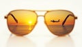 Gold sunglasses reflect sunset and airplane, white background Royalty Free Stock Photo