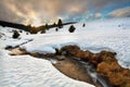 Gold sunset over mountain river in winter Royalty Free Stock Photo