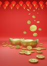 Gold sycee  yuanbao  and Crypto coins Digital Yuan on red background, Chinese New Year , 3D Rendering Royalty Free Stock Photo