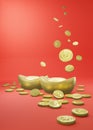 Gold sycee yuanbao and Crypto coins Digital Yuan on red background, Chinese New Year , 3D Rendering