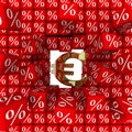 The symbol of the european union currency breaks the wall of percentages