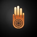 Gold Symbol of Jainism or Jain Dharma icon isolated on black background. Religious sign. Symbol of Ahimsa. Vector