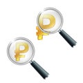 Gold symbol of russian ruble with magnifying glass