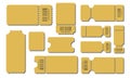 Set blank ticket template. Yellow color, gold. Concert tickets, lottery coupons. Golden tickets. Vector coupon. Royalty Free Stock Photo