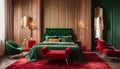 Gold table between green armchair and bed in sophisticated red bedroom interior with mirror Royalty Free Stock Photo