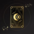 Gold Tarot card with a crescent and star decorated with geometric shapes. Tarot symbolism. Mystery, astrology, esoteric. Vector