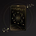 Gold Tarot card with a magical eye on a black background with stars. Tarot symbolism