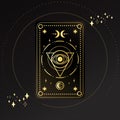 Gold Tarot card with a magical eye and crescent decorated with geometric shapes. Tarot symbolism. Mystery, astrology, esoteric.