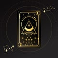 Gold Tarot card with a shining crescent in triangle decorated with geometric shapes. Tarot symbolism. Mystery, astrology