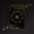Gold Tarot card with a star on a black background with stars. Tarot symbolism