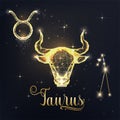 Gold Taurus zodiac sign poster with bull, ox zodiac figure, symbol glyph, constellation, zodiac name