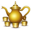 Gold teapot cartoon with some cup Royalty Free Stock Photo