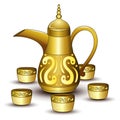 Gold teapot cartoon with some cup Royalty Free Stock Photo