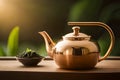 Gold teapot and a small bowl with green herbs. AI-generated.