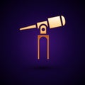 Gold Telescope icon isolated on black background. Scientific tool. Education and astronomy element, spyglass and study