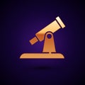 Gold Telescope icon isolated on black background. Scientific tool. Education and astronomy element, spyglass and study