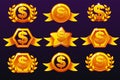 Gold templates dollar icons for awards, creating icons for mobile games. Vector concept gambling assets, set Mobile App Icons