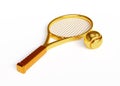 Gold tennis ball and racket isolated on white background Royalty Free Stock Photo