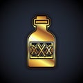 Gold Tequila bottle icon isolated on black background. Mexican alcohol drink. Vector Royalty Free Stock Photo