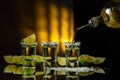 Gold tequila with sea salt and lime slices on a black reflective background Royalty Free Stock Photo