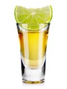 Gold tequila shot with lime isolated on white Royalty Free Stock Photo