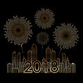 Gold 2018 text on Cityscape Building and firework celebration line art vector design