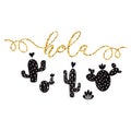 Gold text Hello in Spanish Hand drawn cute cactus heart Love Cacti, Cute greeting card template