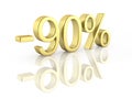 Gold text 90 percent off on white background with reflection 3D render Royalty Free Stock Photo