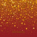 Gold texture of glitter in the shape of heart on a red background. Holiday background. Golden grainy abstract texture on Royalty Free Stock Photo