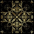Gold textured 3d tapestry Baroque seamless pattern. Vector ornamental embroidered background. Repeat floral backdrop Royalty Free Stock Photo